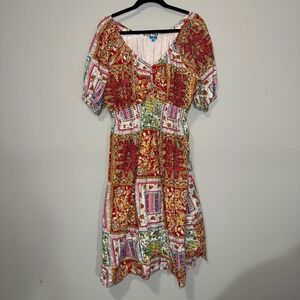 Blue Plate Womens 4X Patchwork Boho Smocked Waist Puff Sleeve Midi Dress Red